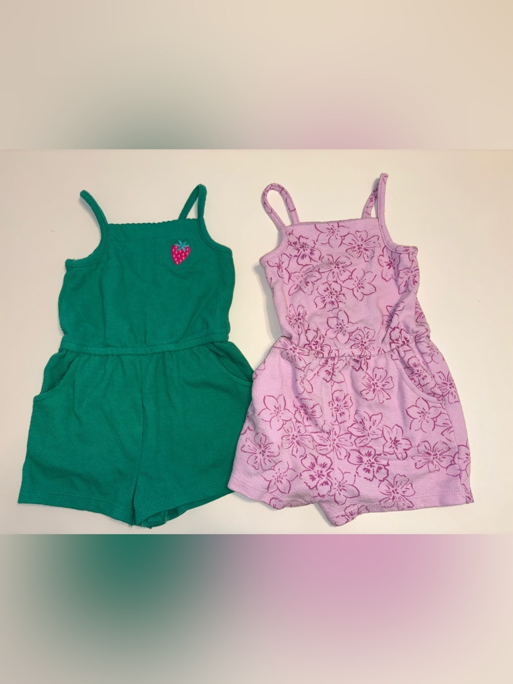 Cat & Jack Girls Strawberry Patch Green Romper & Purple Floral Romper Set 2T